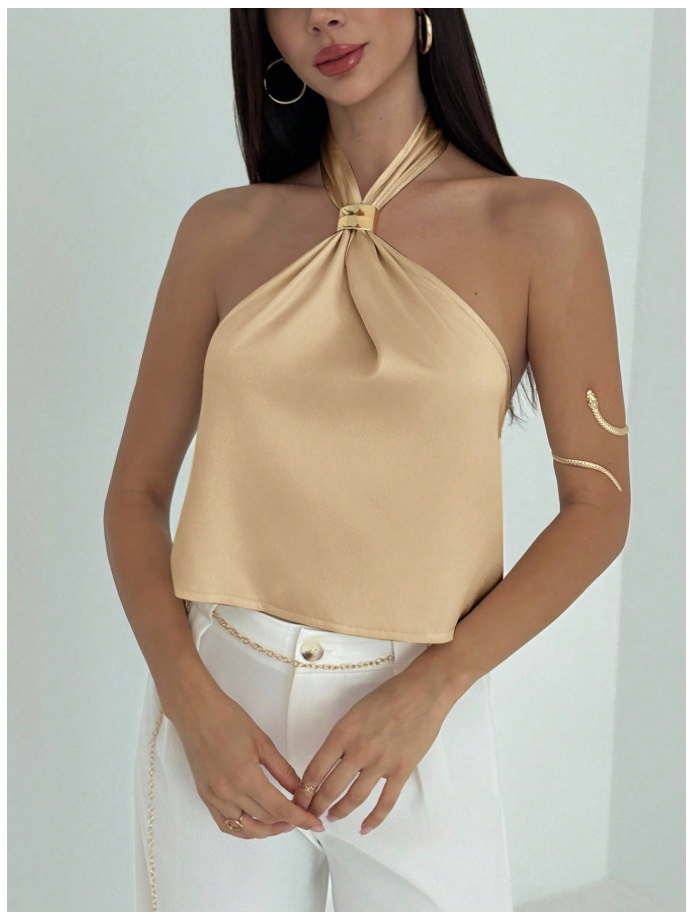 Camisa camel halter con detalle dorado - 6048