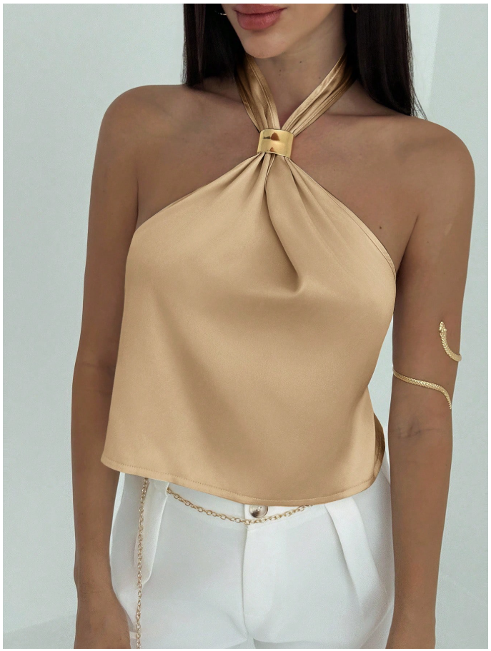 Camisa camel halter con detalle dorado - 6048