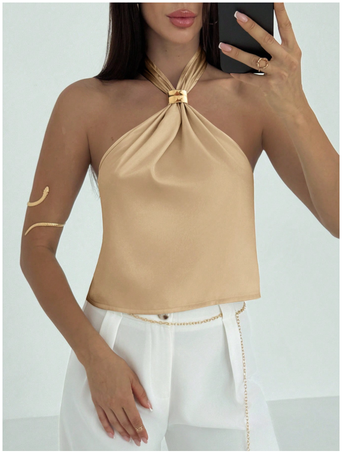 Camisa camel halter con detalle dorado - 6048