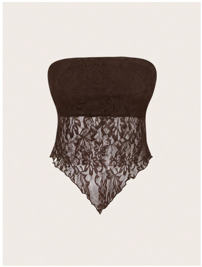 Crop top marrón bajo asimétrico con encaje - 6049