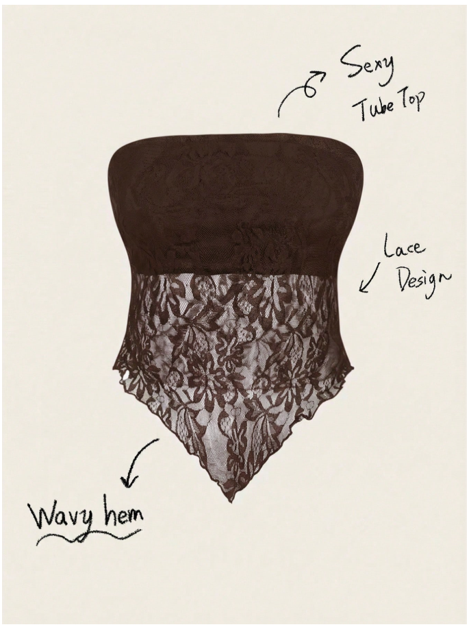 Crop top marrón bajo asimétrico con encaje - 6049