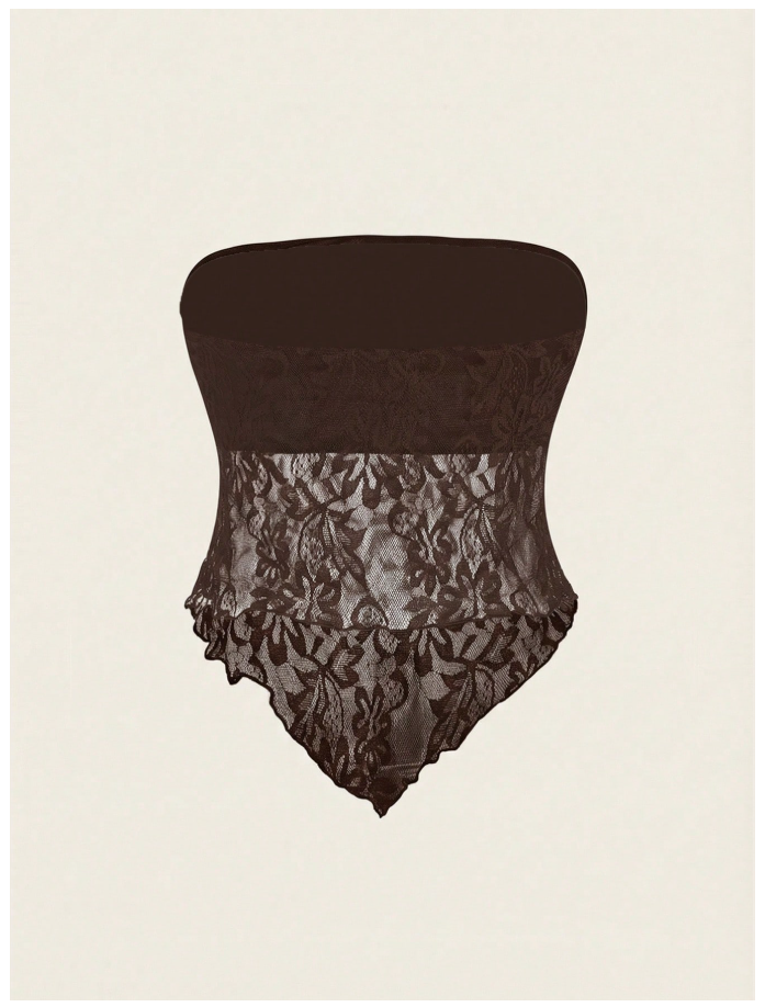Crop top marrón bajo asimétrico con encaje - 6049