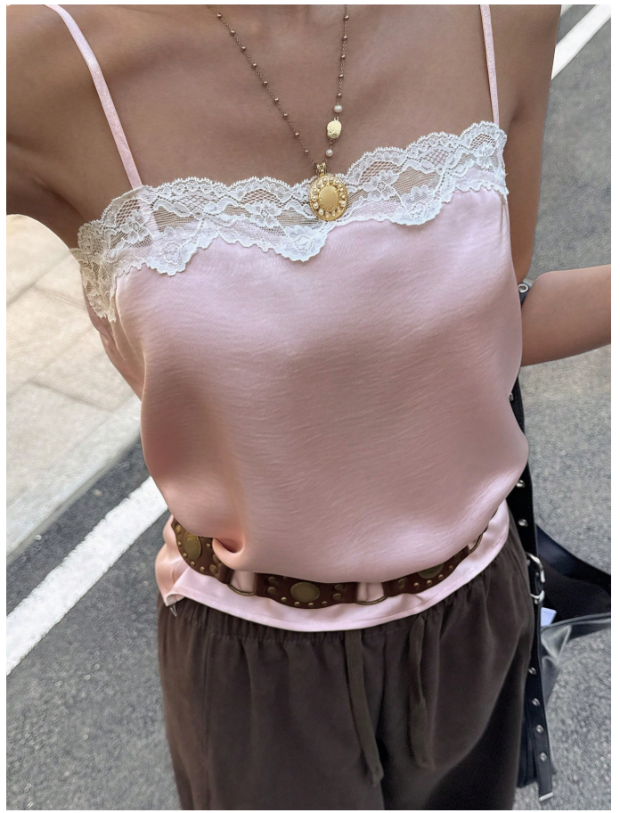 Crop top rosa de tirantes con encaje blanco parte superior - 6050