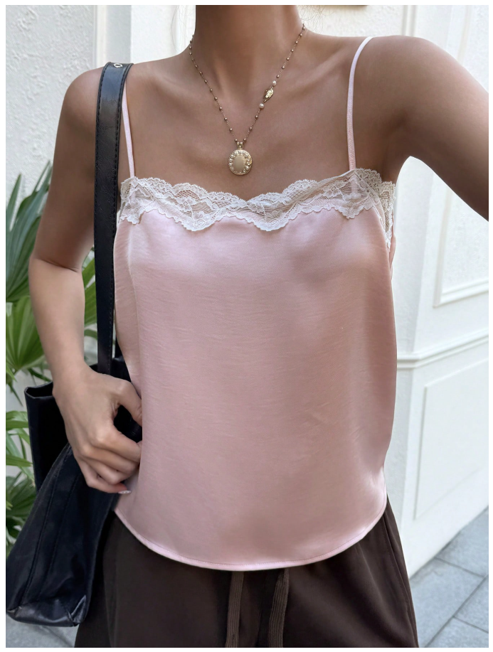 Crop top rosa de tirantes con encaje blanco parte superior - 6050