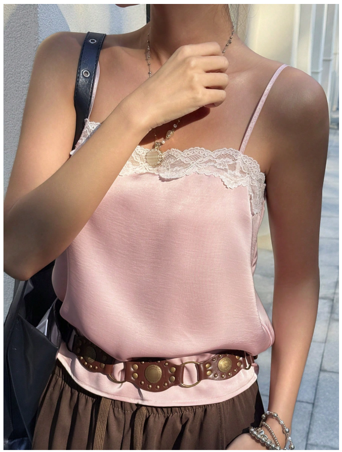 Crop top rosa de tirantes con encaje blanco parte superior - 6050