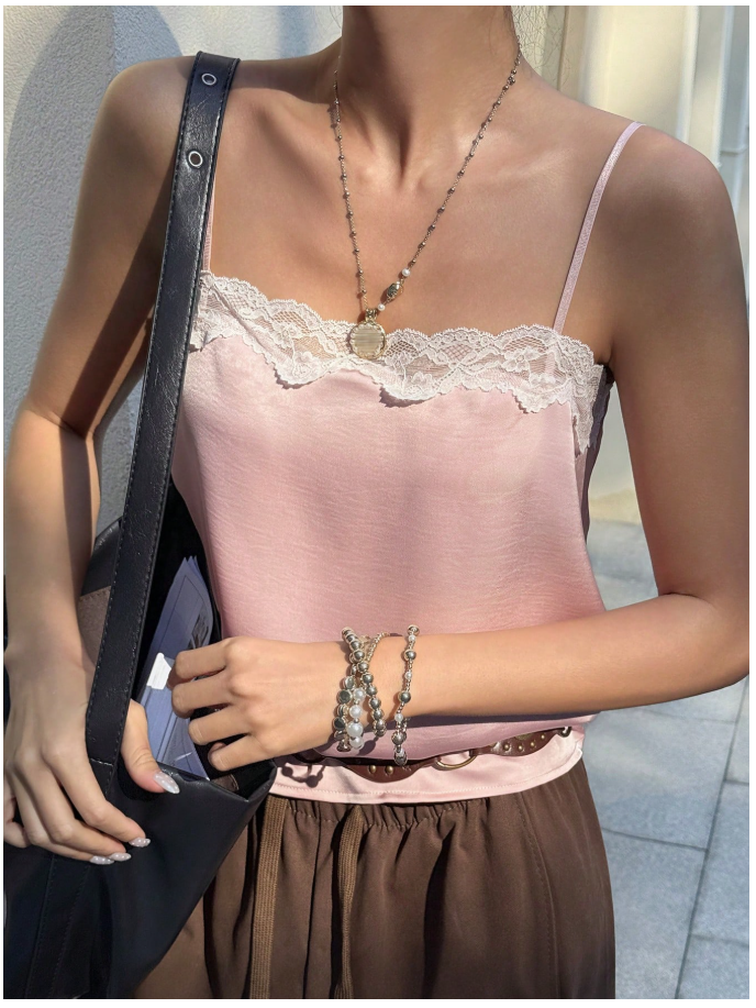 Crop top rosa de tirantes con encaje blanco parte superior - 6050