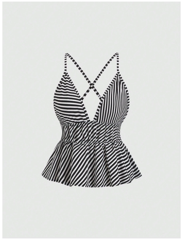 Crop top blanco a rayas tiras cruzadas en espalda - 6051