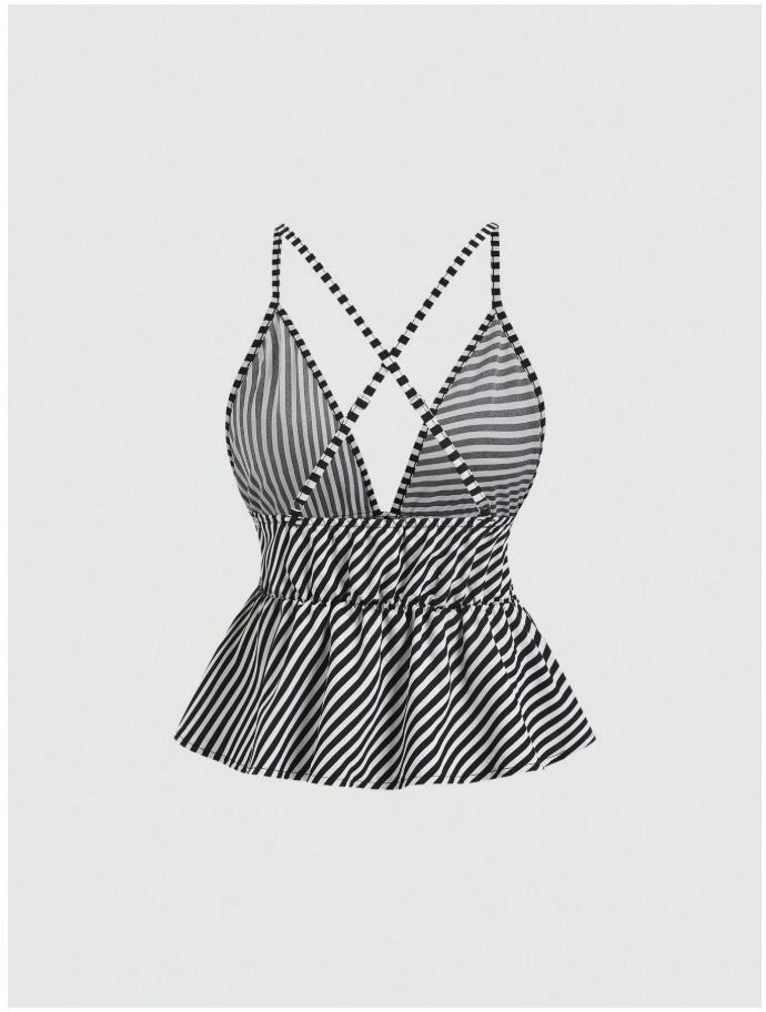 Crop top blanco a rayas tiras cruzadas en espalda - 6051