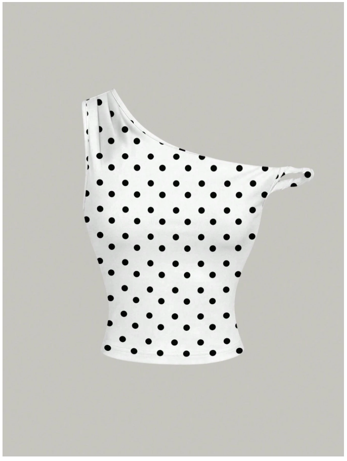 Crop top blanco lunares negros un hombro - 6052
