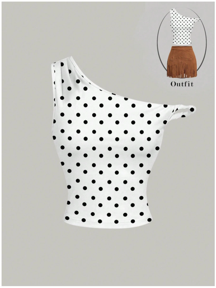 Crop top blanco lunares negros un hombro - 6052