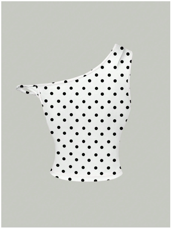 Crop top blanco lunares negros un hombro - 6052