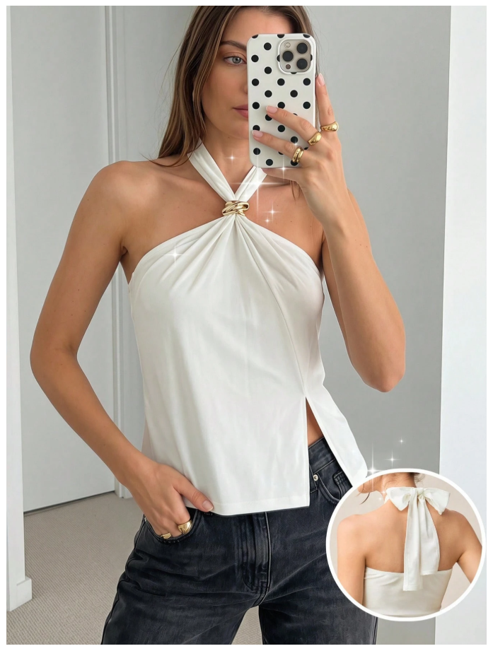 Camisa blanca halter abertura parte inferior - 6053