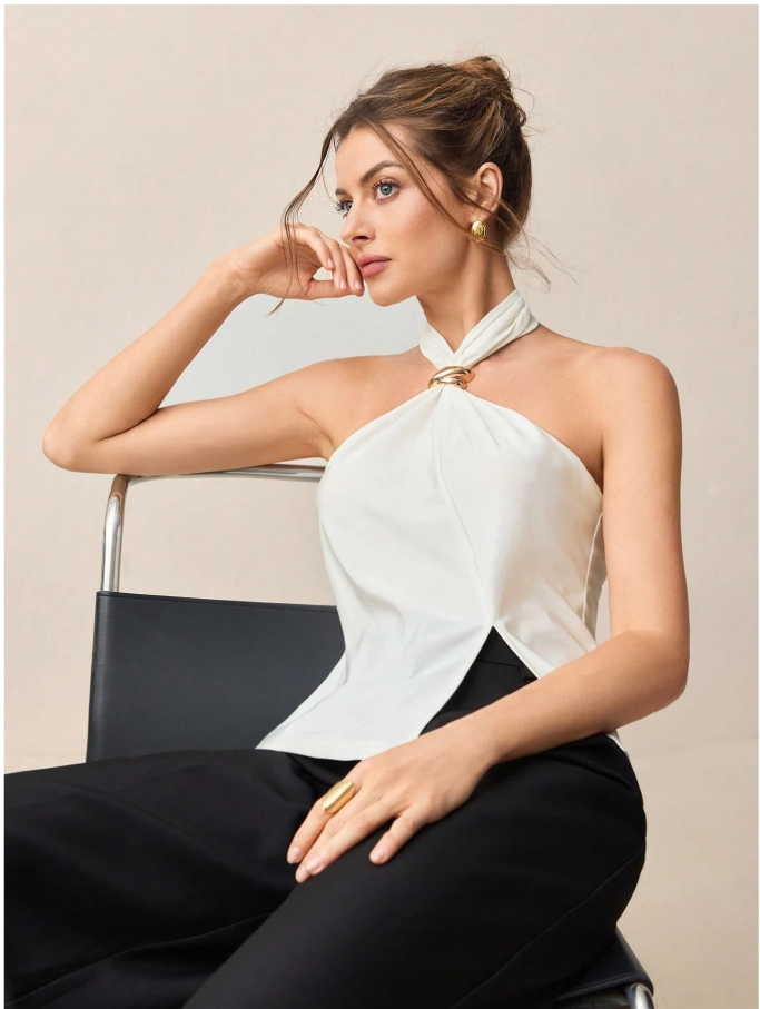 Camisa blanca halter abertura parte inferior - 6053