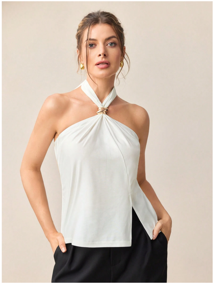 Camisa blanca halter abertura parte inferior - 6053