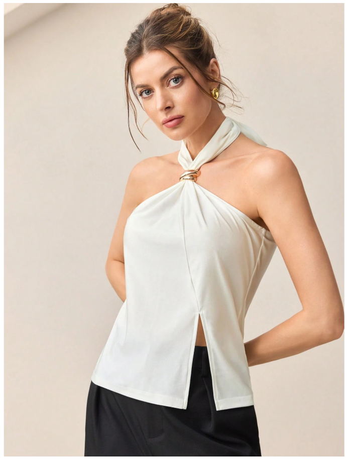 Camisa blanca halter abertura parte inferior - 6053
