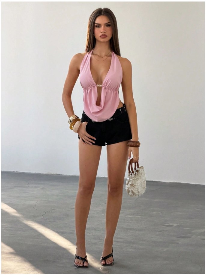 Crop top rosa halter espalda descubierta & perlas decorativas - 6054