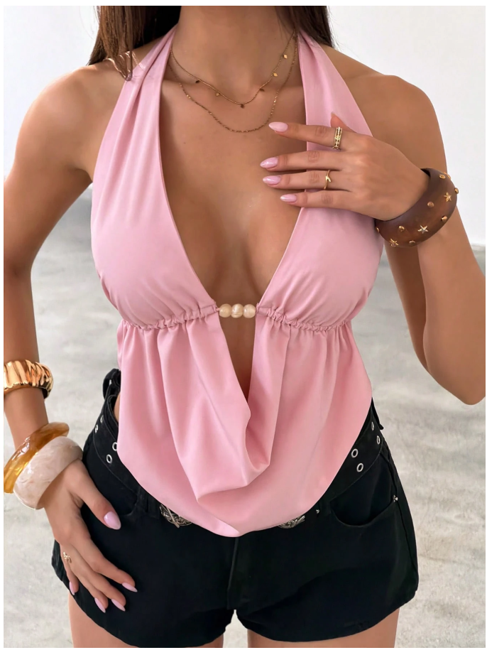 Crop top rosa halter espalda descubierta & perlas decorativas - 6054