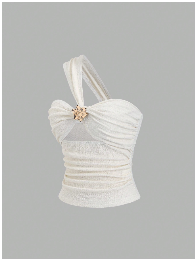 Crop top blanco un hombro detalle flor dorada metálica - 6055