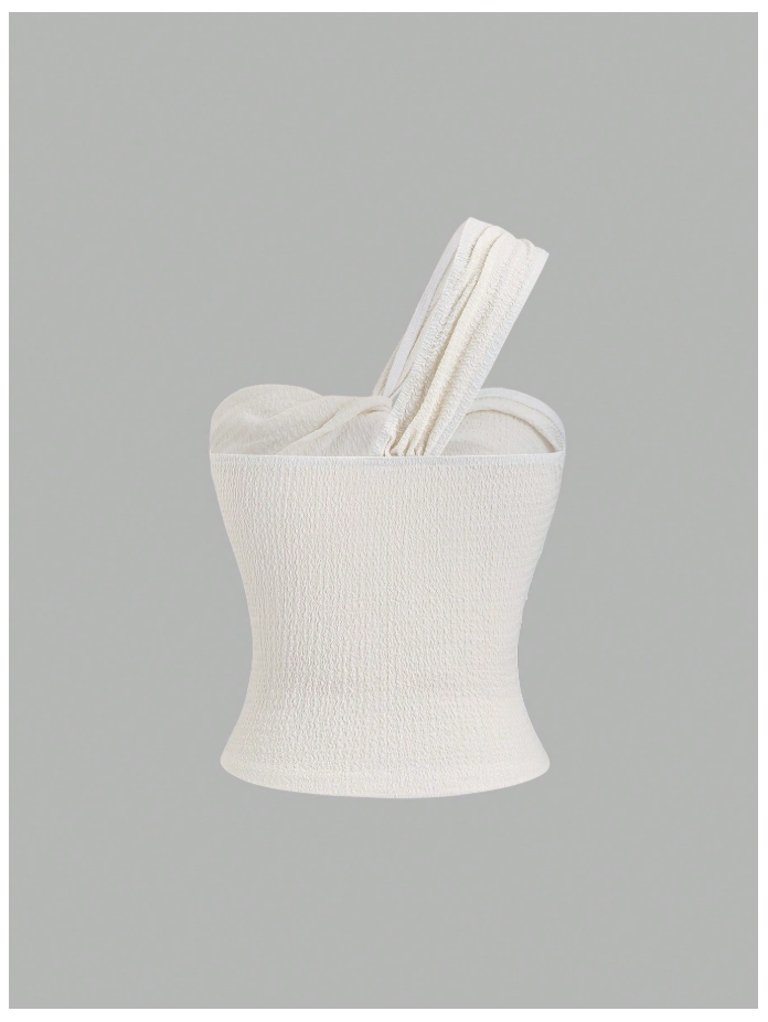 Crop top blanco un hombro detalle flor dorada metálica - 6055