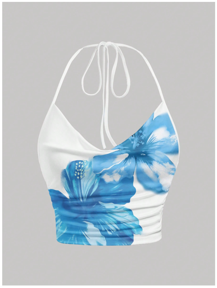 Crop top blanco halter estampado flores azules grandes - 6056