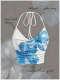 Crop top blanco halter estampado flores azules grandes - 6056
