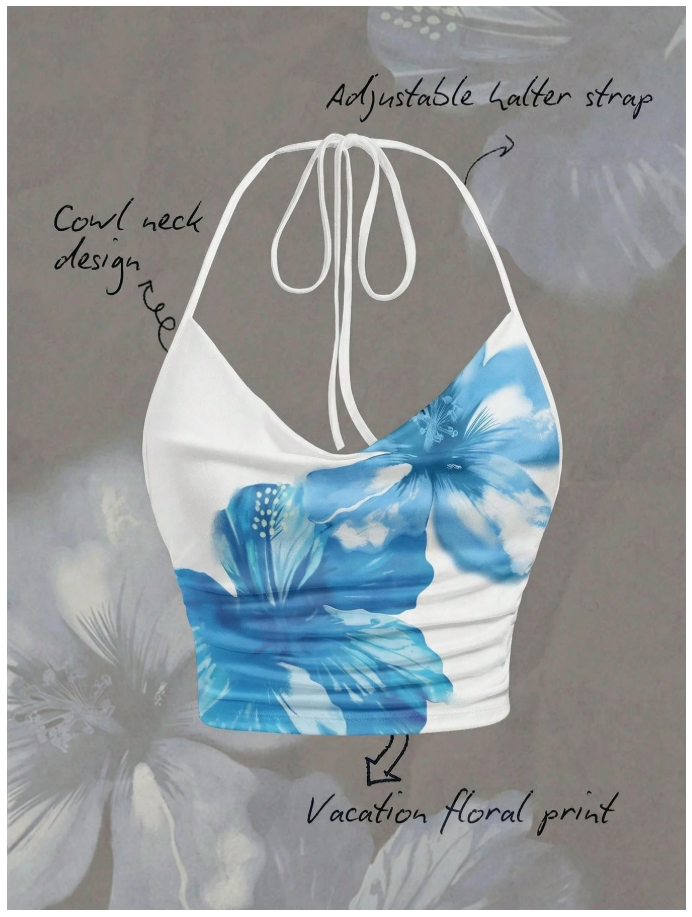 Crop top blanco halter estampado flores azules grandes - 6056
