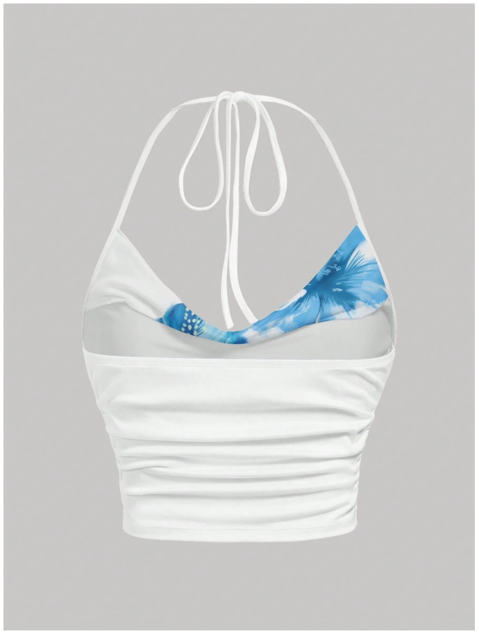 Crop top blanco halter estampado flores azules grandes - 6056
