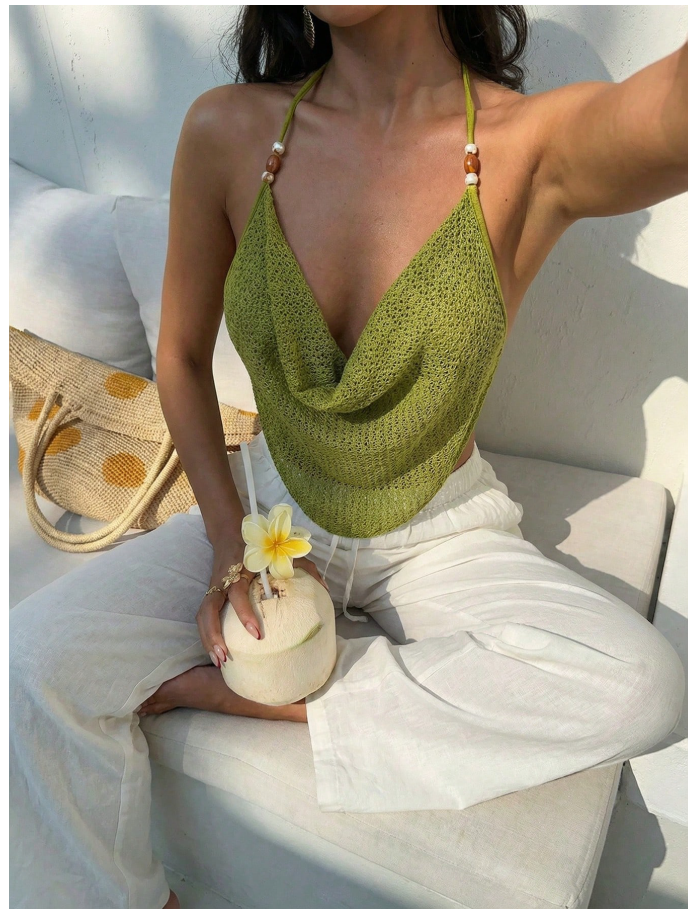 Crop top verde halter de tirantes estilo tejido - 6057
