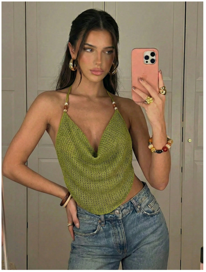 Crop top verde halter de tirantes estilo tejido - 6057
