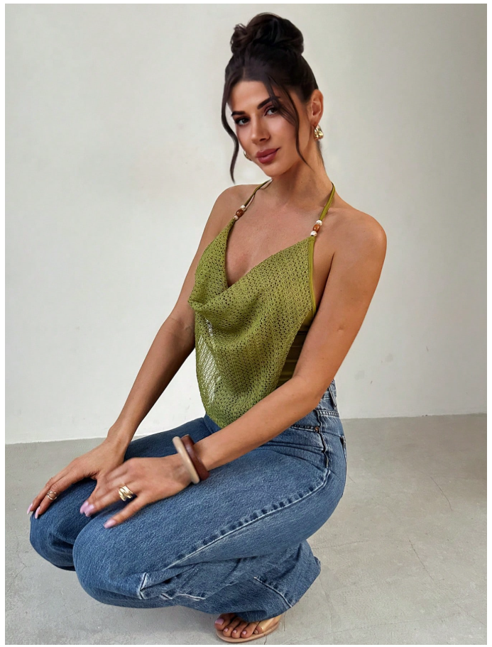 Crop top verde halter de tirantes estilo tejido - 6057
