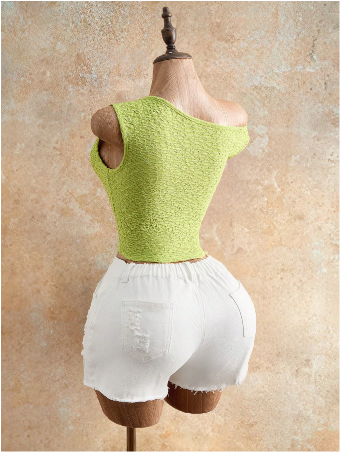 Crop top verde tejido en relieve un hombro detalle dorado - 6058