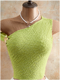 Crop top verde tejido en relieve un hombro detalle dorado - 6058