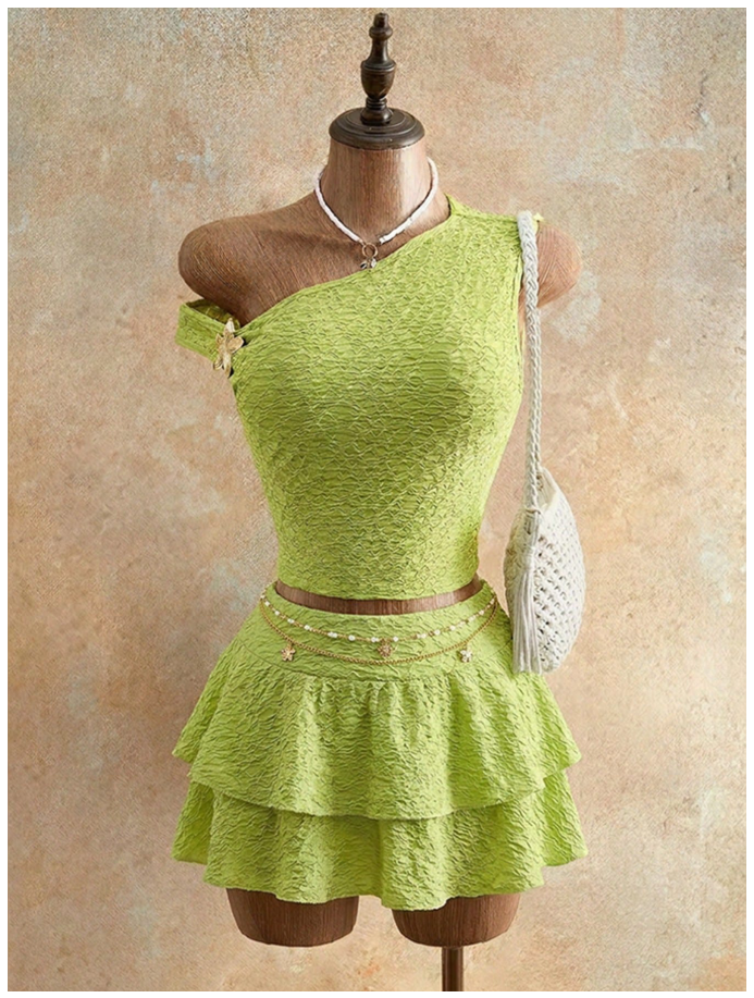 Crop top verde tejido en relieve un hombro detalle dorado - 6058