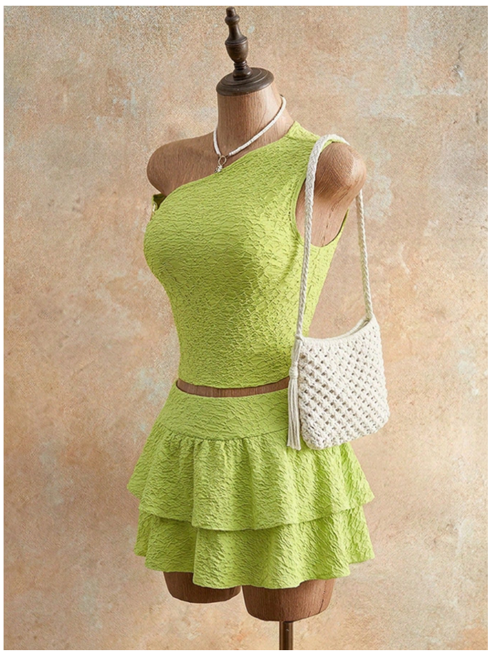 Crop top verde tejido en relieve un hombro detalle dorado - 6058