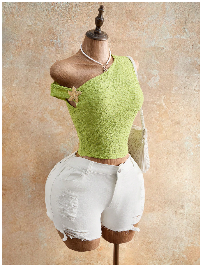 Crop top verde tejido en relieve un hombro detalle dorado - 6058