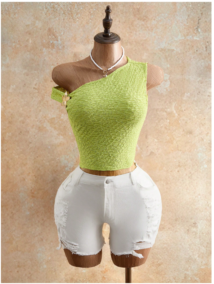 Crop top verde tejido en relieve un hombro detalle dorado - 6058
