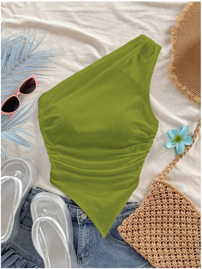 Crop top verde un hombro asimétrico parte inferior - 6059
