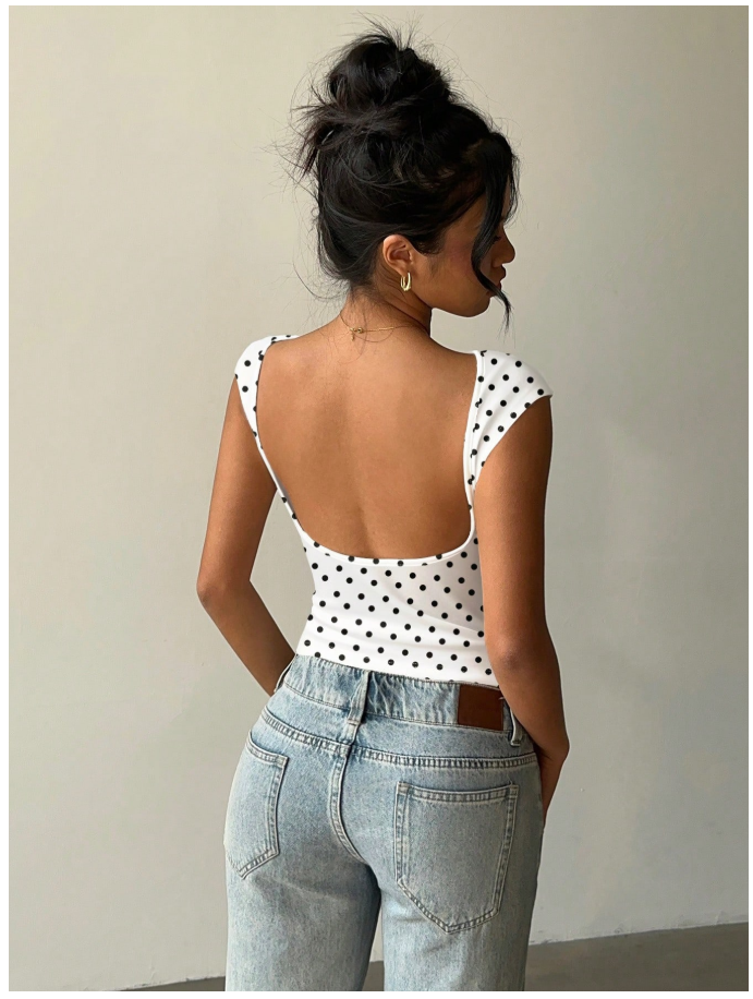 Crop top blanco estampado de lunares espalda descubierta - 6061