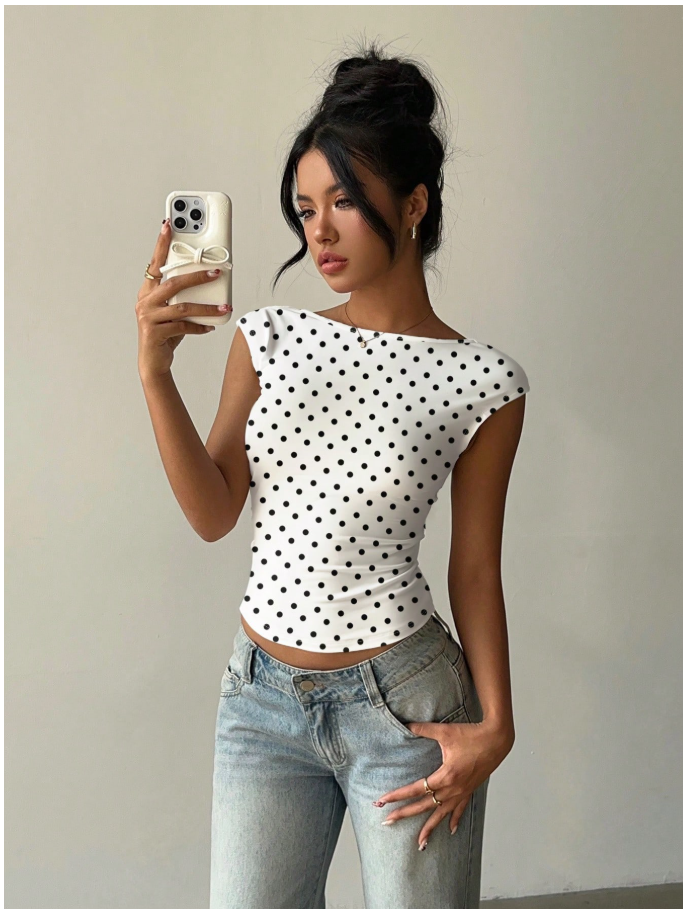 Crop top blanco estampado de lunares espalda descubierta - 6061