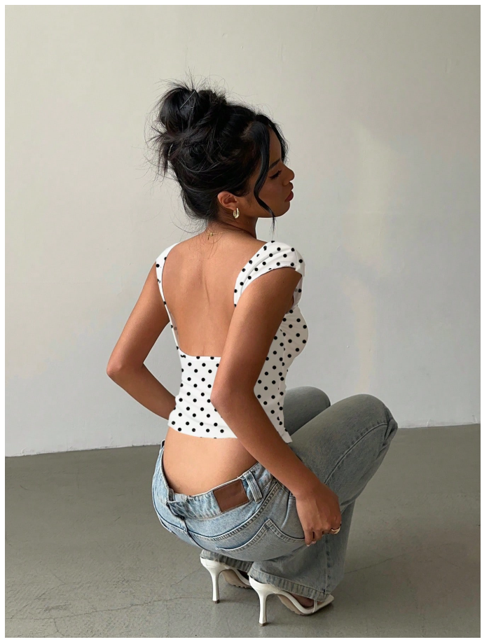 Crop top blanco estampado de lunares espalda descubierta - 6061