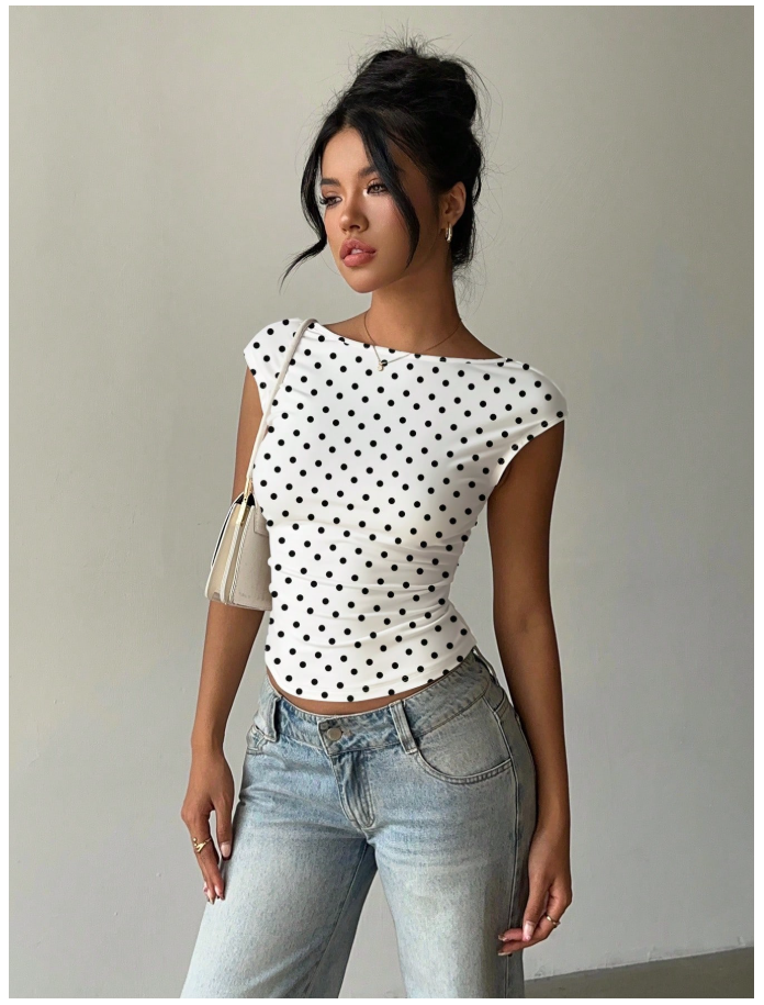 Crop top blanco estampado de lunares espalda descubierta - 6061