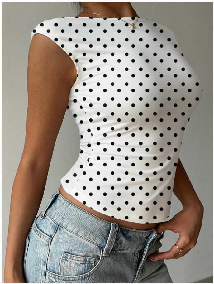 Crop top blanco estampado de lunares espalda descubierta - 6061