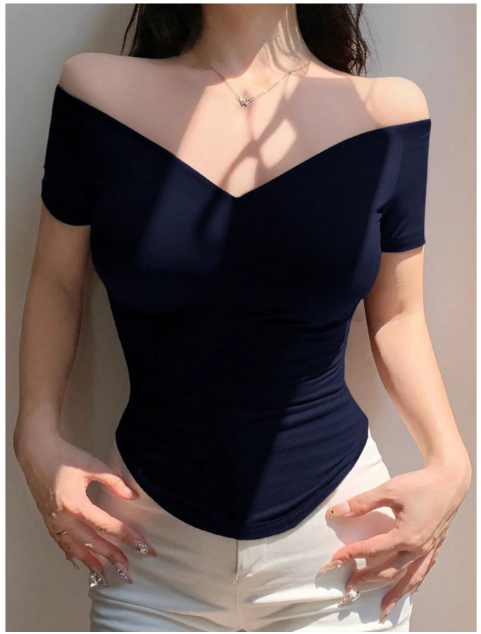Camisa azul marino cuello V hombros descubiertos - 6062