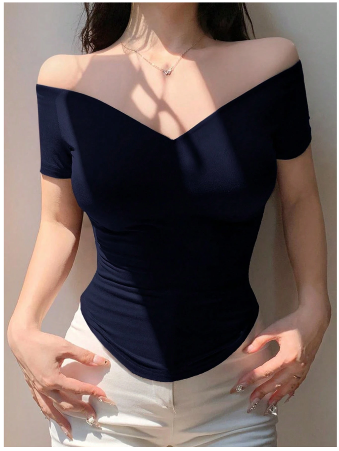 Camisa azul marino cuello V hombros descubiertos - 6062