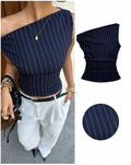 Crop top azul marino a rayas hombro asimétrico - 6065