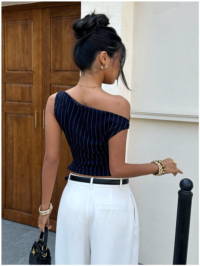 Crop top azul marino a rayas hombro asimétrico - 6065