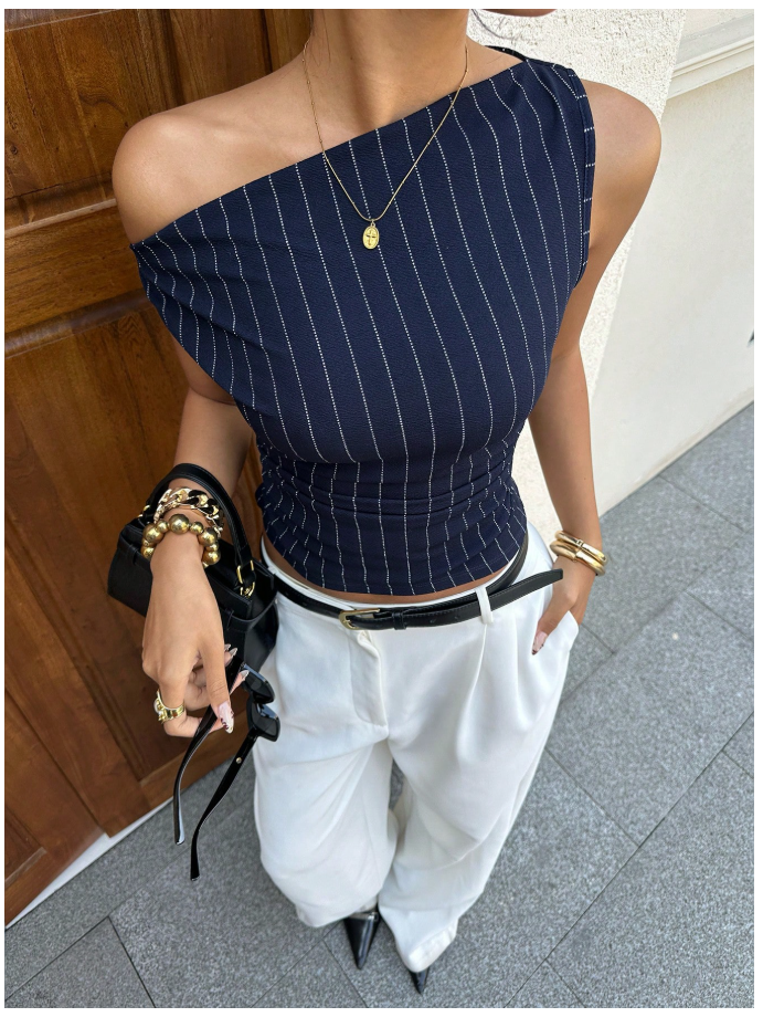 Crop top azul marino a rayas hombro asimétrico - 6065