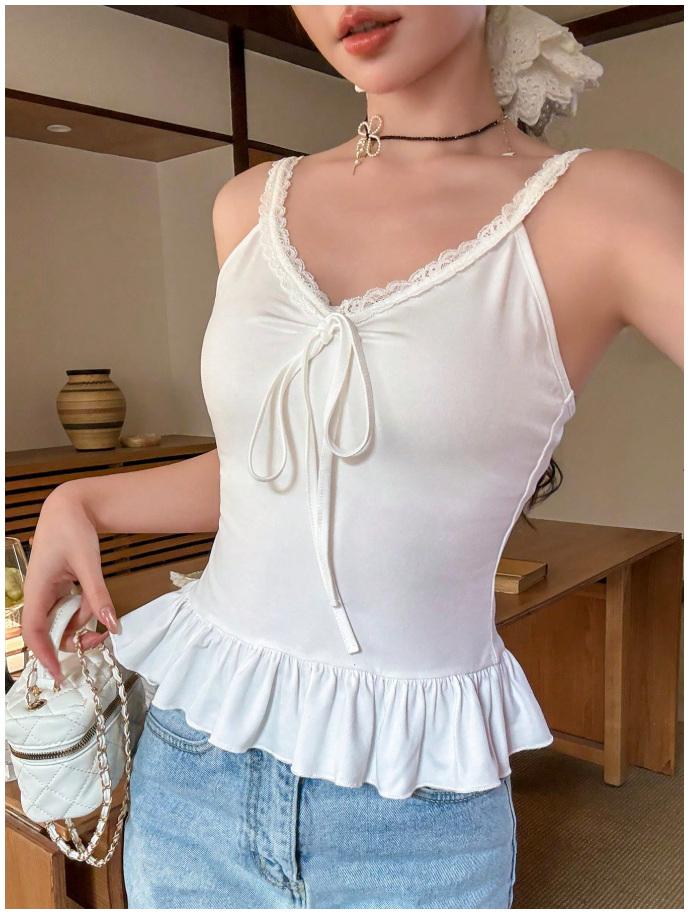 Crop top blanco de tirantes vuelo parte inferior & lazo en pecho - 6067