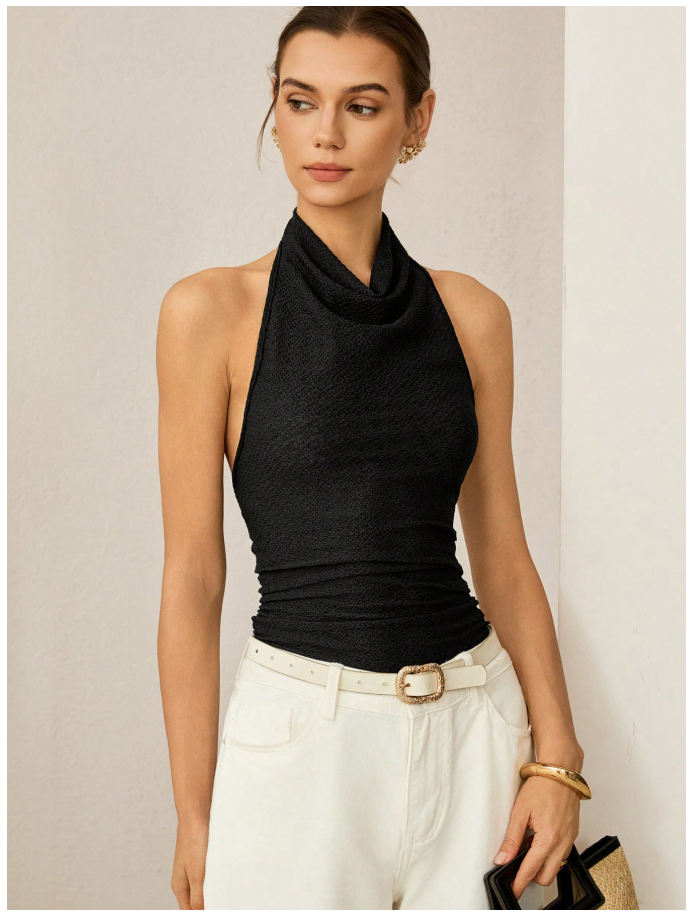 Camisa negra halter espalda descubierta - 6069