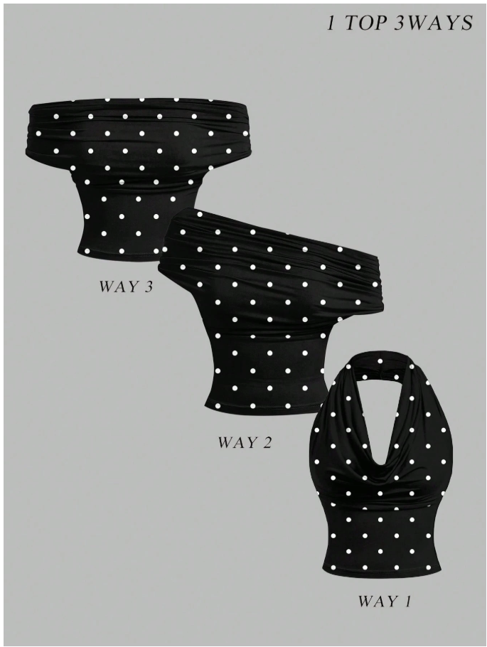 Crop top negro lunares blancos 3 formas de uso - 6074